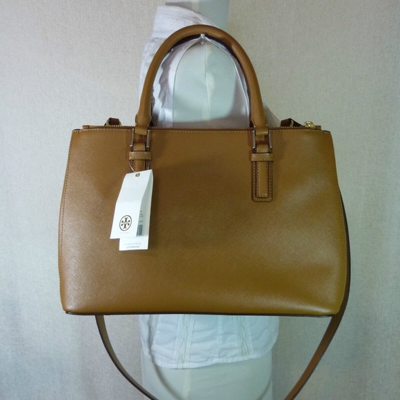 NEW Tory Burch Robinson Mini Double-Zip Tigers Eye Tan Leather Tote Bag/Satchel - Picture 11 of 14